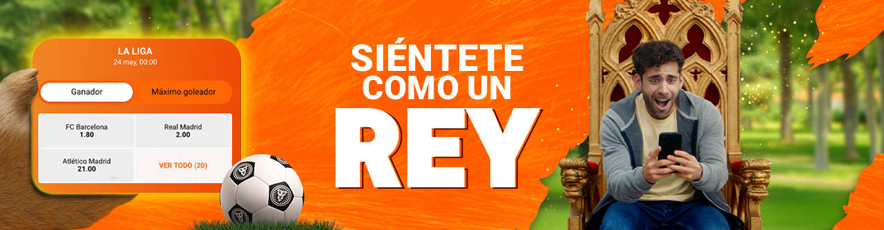 Hombre celebrando con un móvil mostrando una app de apuestas deportivas y el texto "El Rey de las Apuestas".