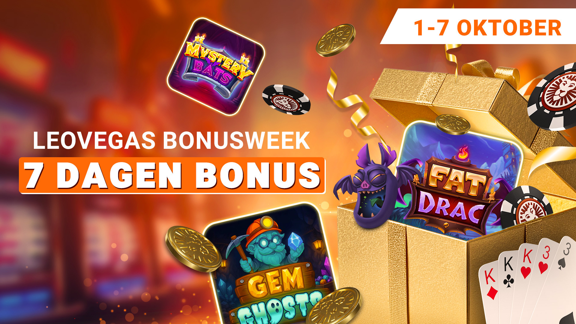 LeoVegas Bonusweek, 7 dagen bonus, 1-7 oktober, met spellen Mystery Bats, Gem Ghosto en Fat Drac.