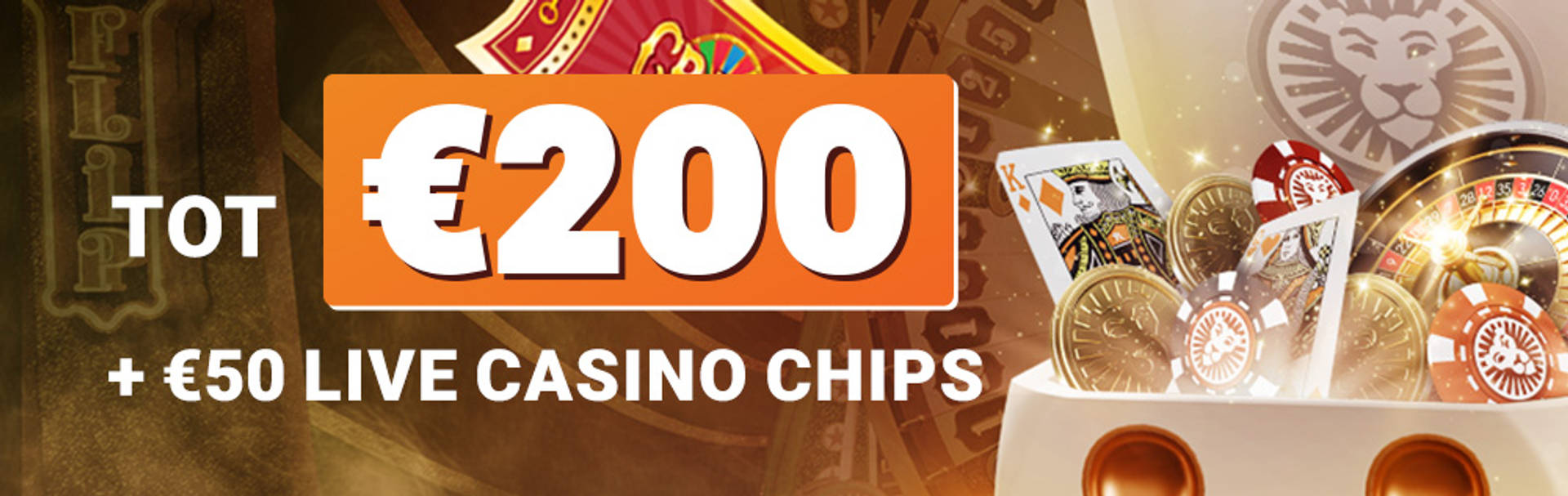 Tot €200 + 50 Live Casino Chips, met speelkaarten, fiches en een roulettewiel.