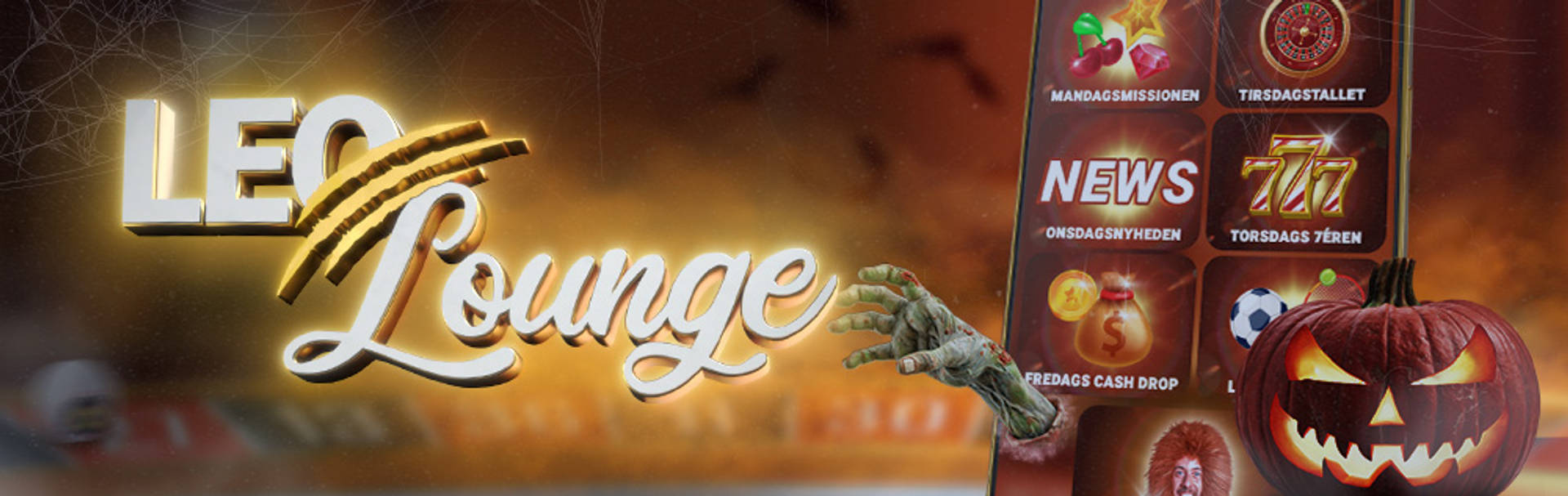 Leo Lounge med græskar, mobil med Missioner, Nyheder, Cash Drop, Lørdagsboost og Søndagshygge.