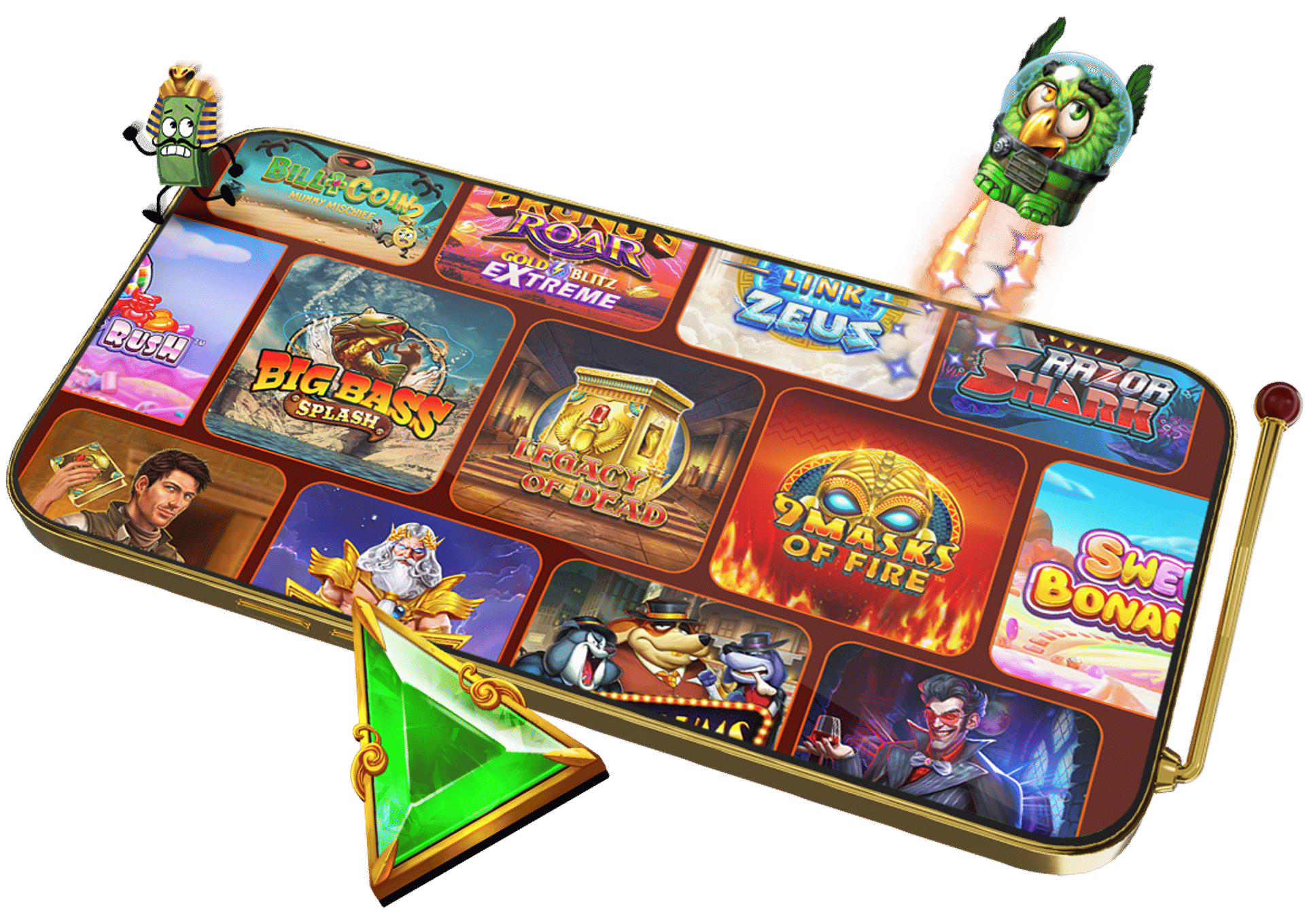 Mobile device displaying various casino game icons.