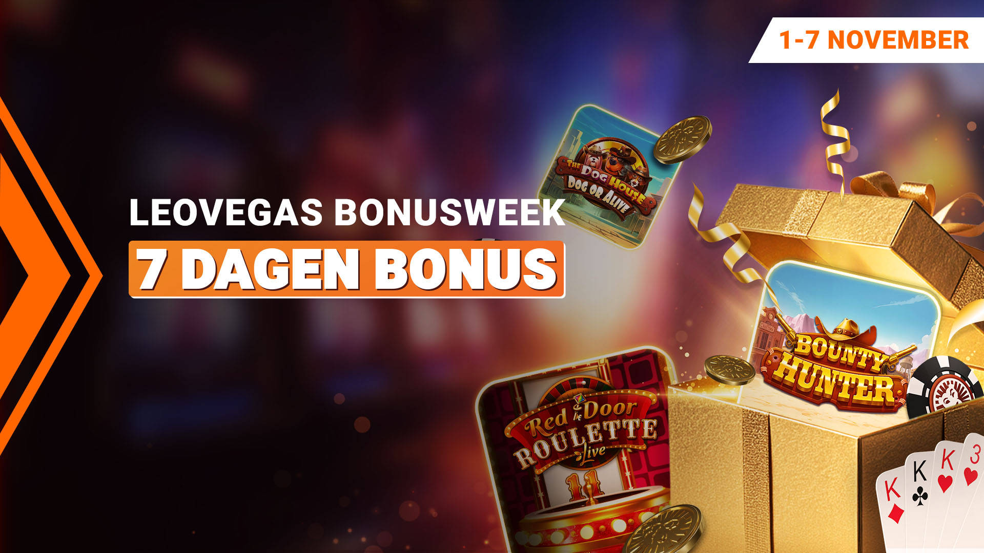 LeoVegas bonusweek, 7 dagen bonus, 1-7 november, met casinospelafbeeldingen en een gouden geschenkdoos.