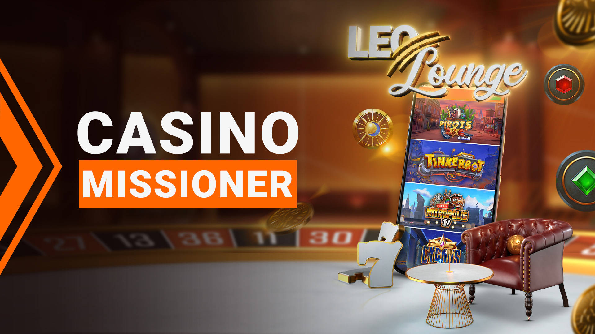 Casino Missioner-kampagne med LeoVegas Lounge og spil på en mobiltelefon.