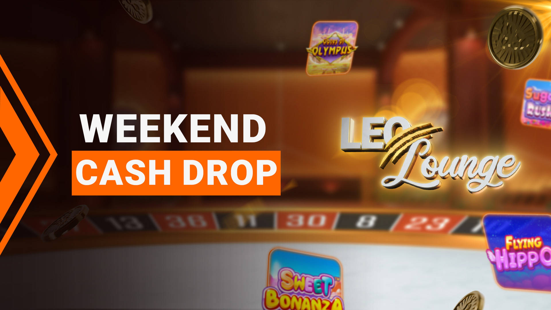 Weekend Cash Drop med Leo Lounge-elementer og spilbilleder.