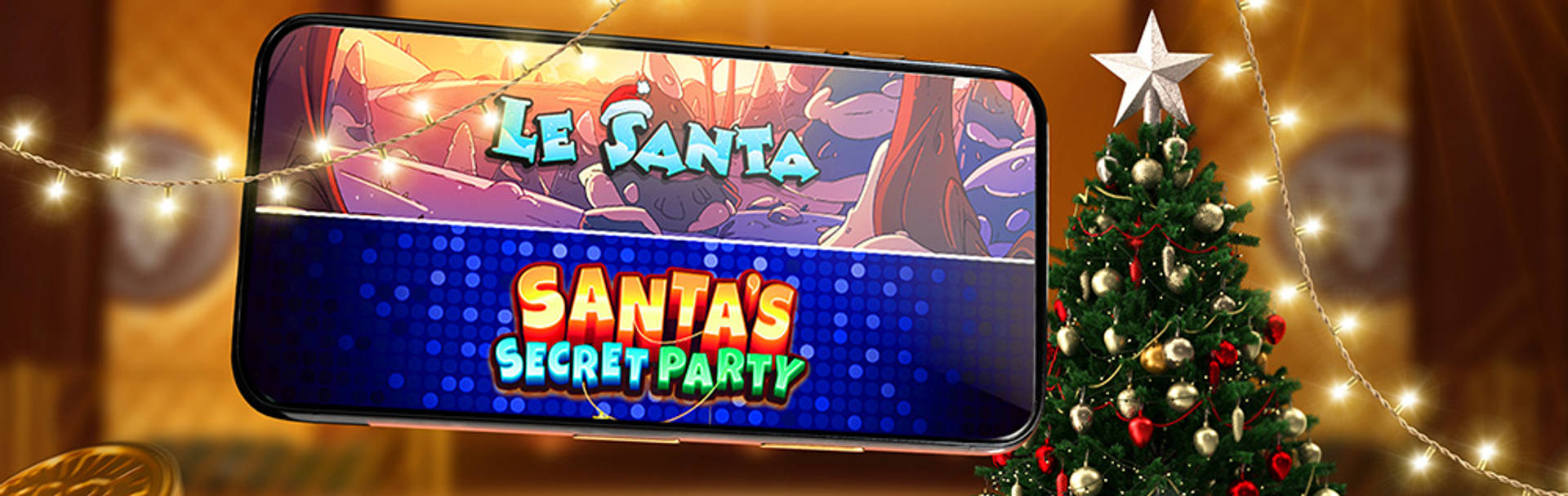 Mobiltelefon med casinospil på skærmen og et juletræ i baggrunden.