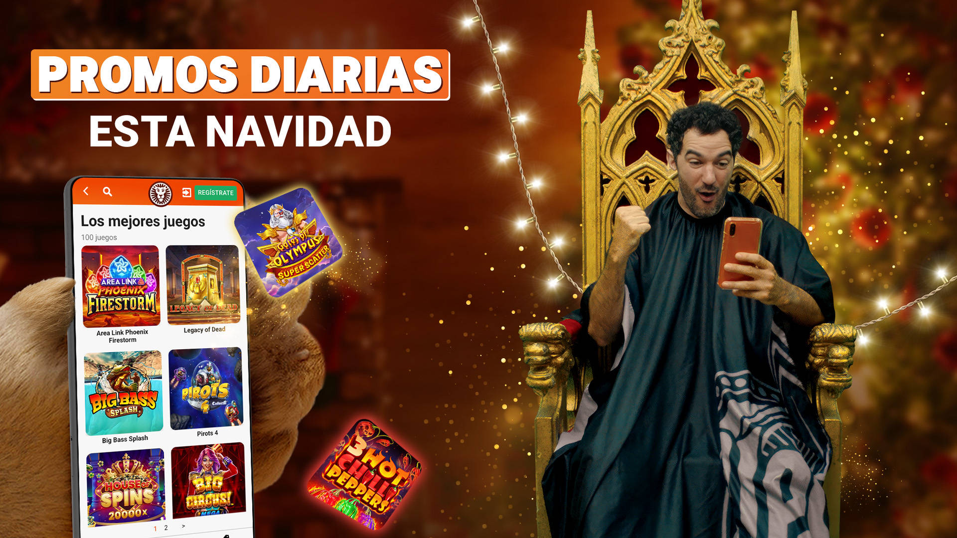 Promociones diarias de juegos en el móvil con hombre celebrando en trono navideño.