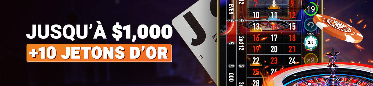 Offre de Bienvenue Casino en Direct jusqu'à 1 000 $ et 10 Jetons d'Or sur un appareil mobile.