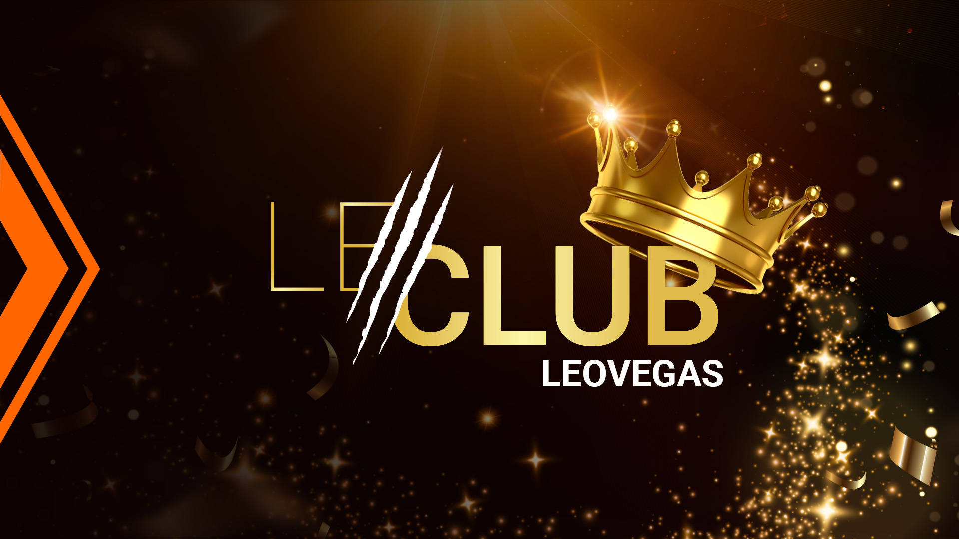 Le Club par LeoVegas sur fond noir avec confettis dorés.