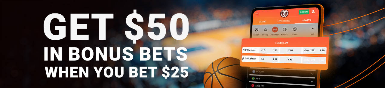 Man in lion costume with basketball, next to a phone displaying sports betting odds.