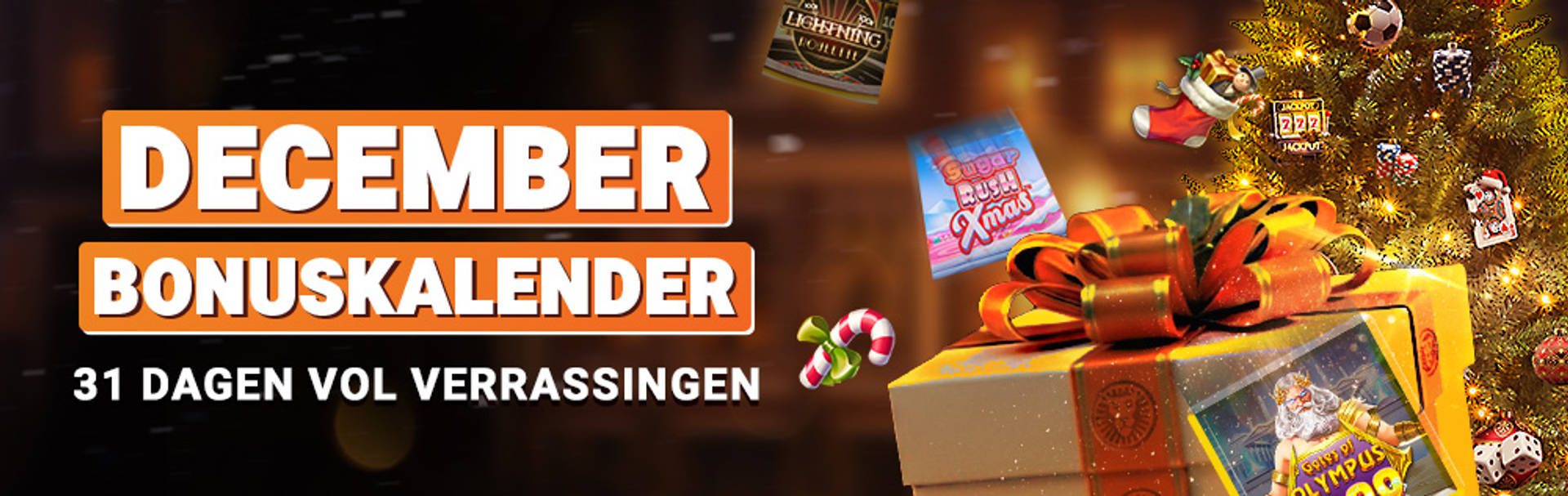 December Bonus Kalender promotie met 31 dagen vol verrassingen en feestelijke decoraties.