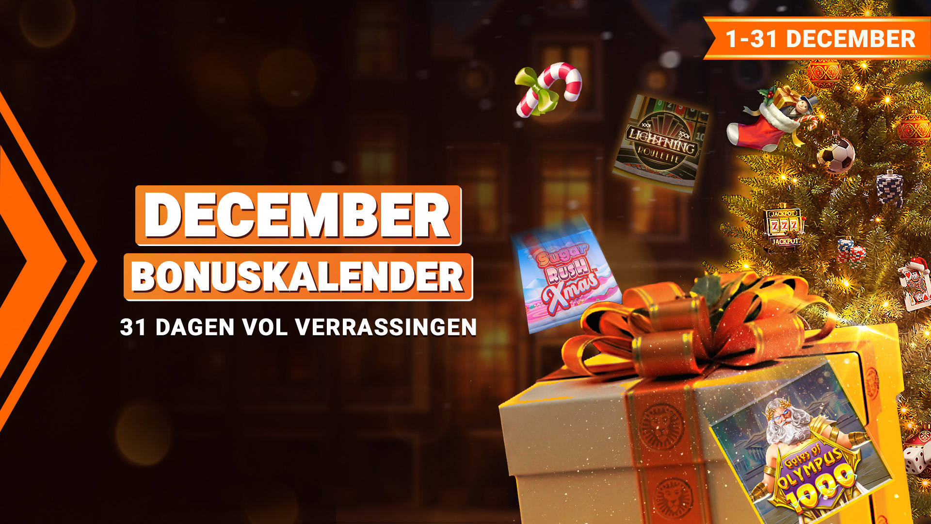 December Bonus Kalender promotie met 31 dagen vol verrassingen en feestelijke decoraties.
