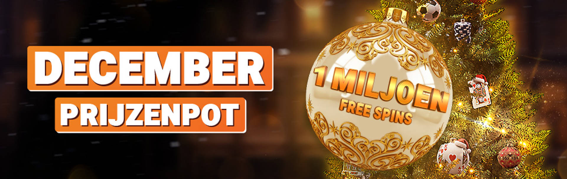 December prijzenpot van 1 miljoen Free Spins op 1-31 december met kerstboomversieringen.