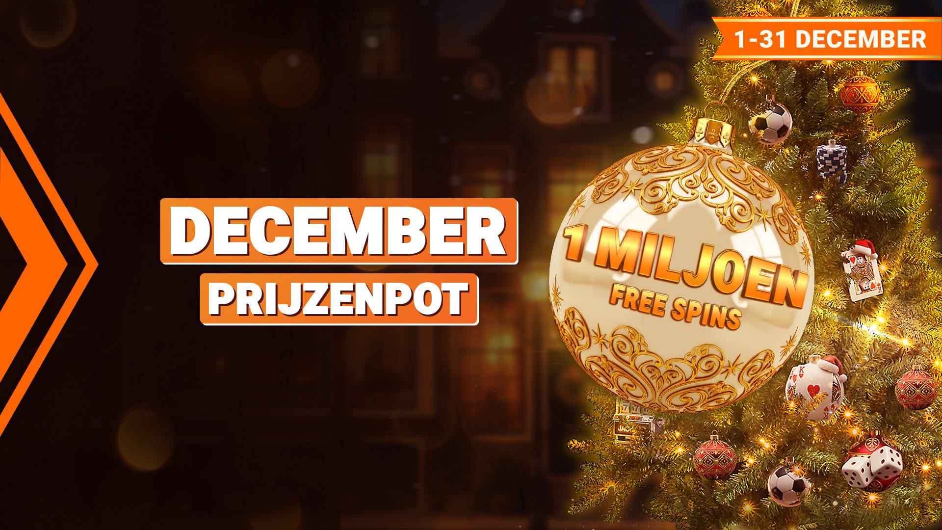 December prijzenpot van 1 miljoen Free Spins op 1-31 december met kerstboomversieringen.