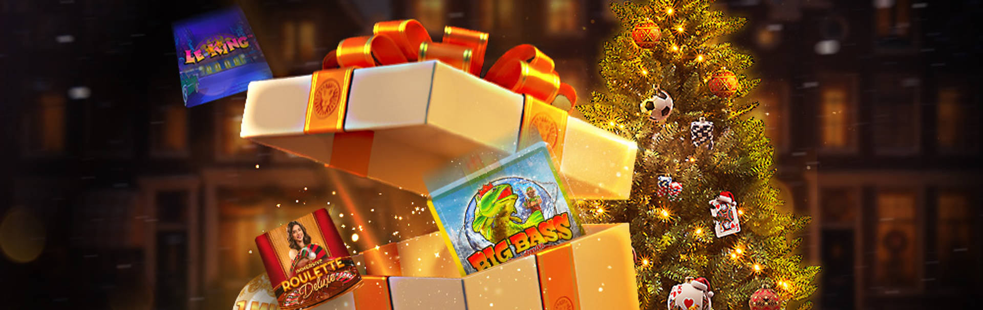 Geschenkdoos met casinospellen en kerstboom op de achtergrond.