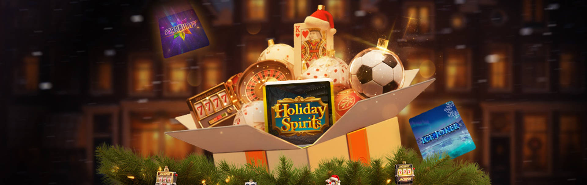 Geschenkdoos met casinospellen en feestelijke decoraties.