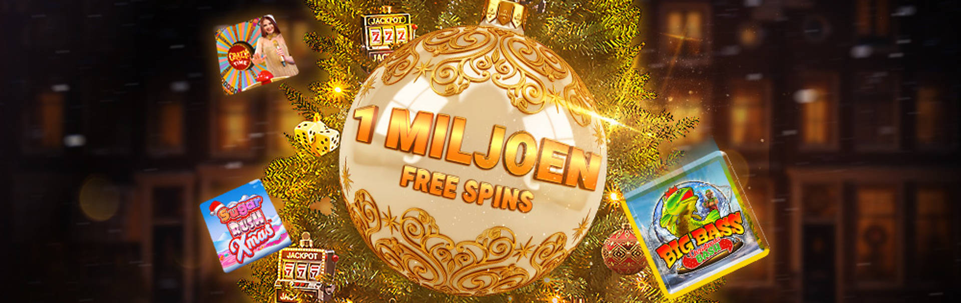 1 Miljoen Free Spins op een kerstbal, met casinospelafbeeldingen op een kerstboom.