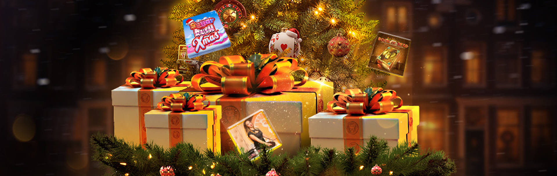 Kerstboom met cadeaus en casinothema-decoraties.