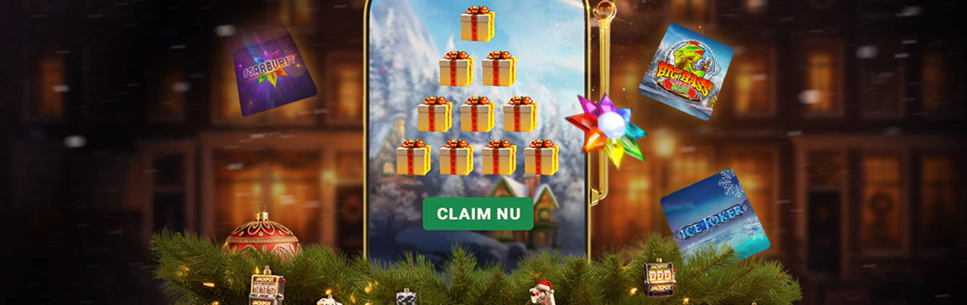 Claim nu promotie met cadeau-boom, kerstversiering en spelfoto's.