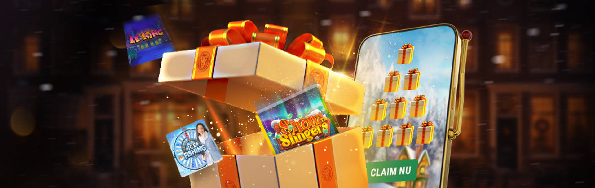 Feestelijke doos met casinospellen en decoraties.