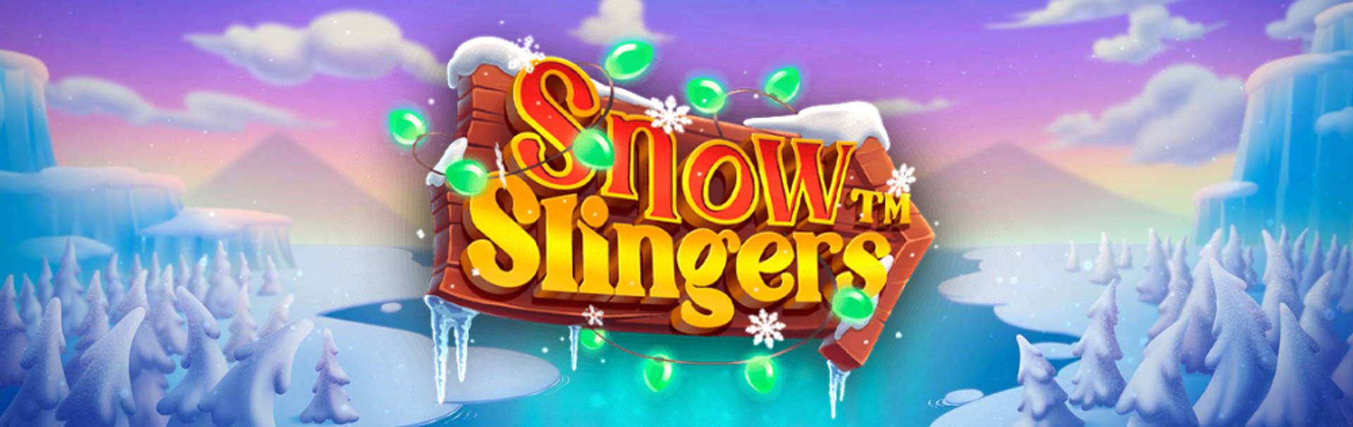 "Snow Slingers" game logo tegen een winterlandschap.