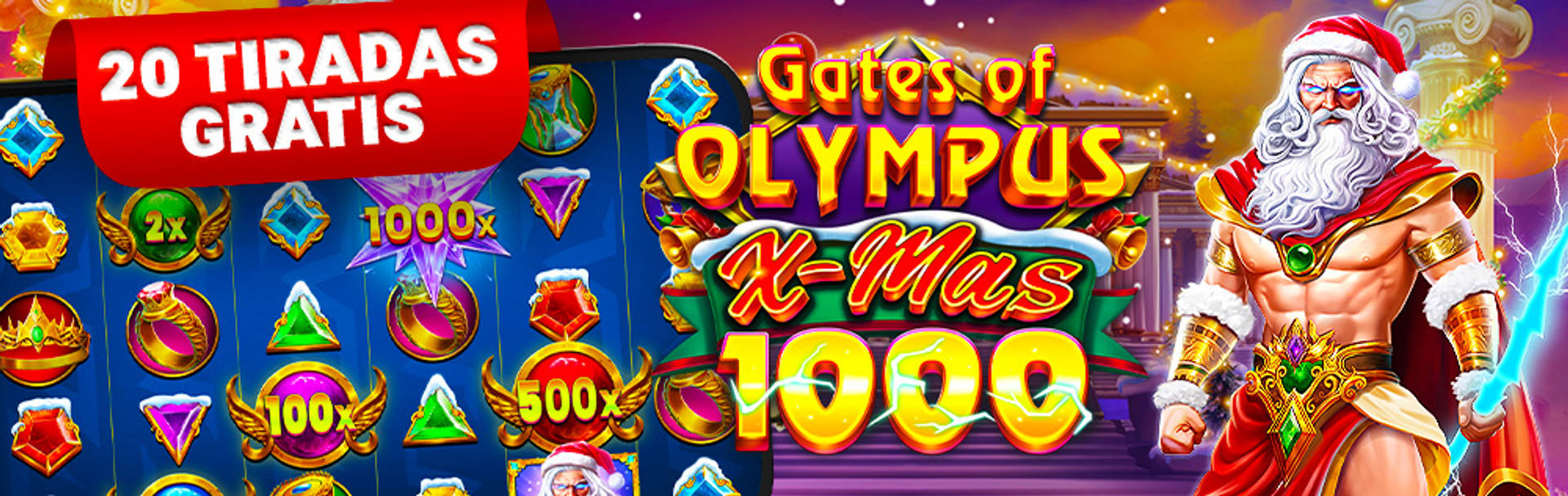 Juego de tragamonedas Gates of Olympus X-Mas con 20 Tiradas Gratis y un Papá Noel con rayo.