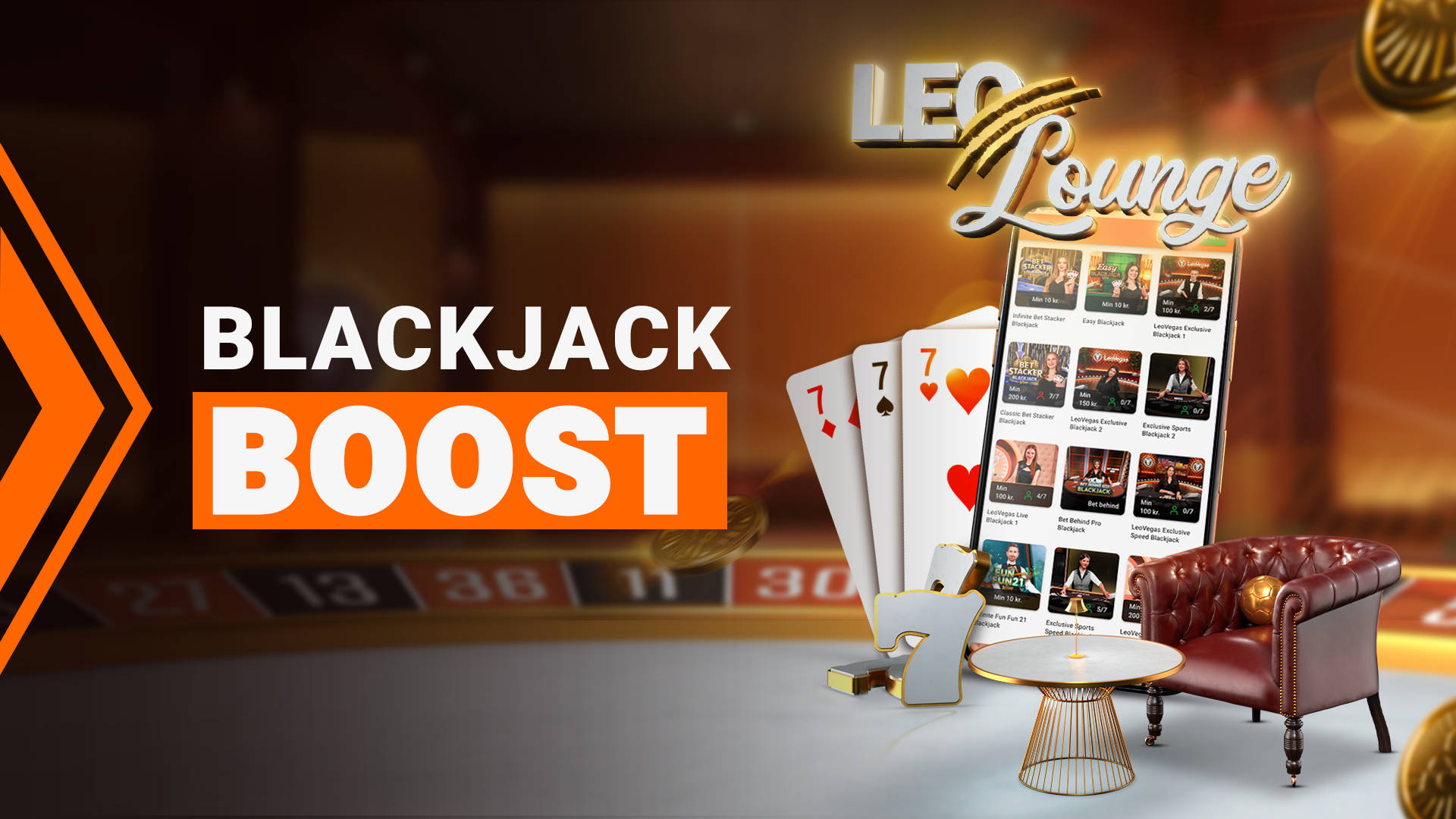 Blackjack Boost kampagne med spillekort, mobil med blackjack spil, bord og stol.
