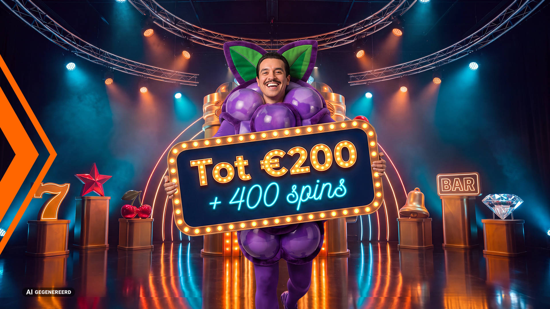 Tot €200 + Free Spins met een gorilla-personage en spelelementen.