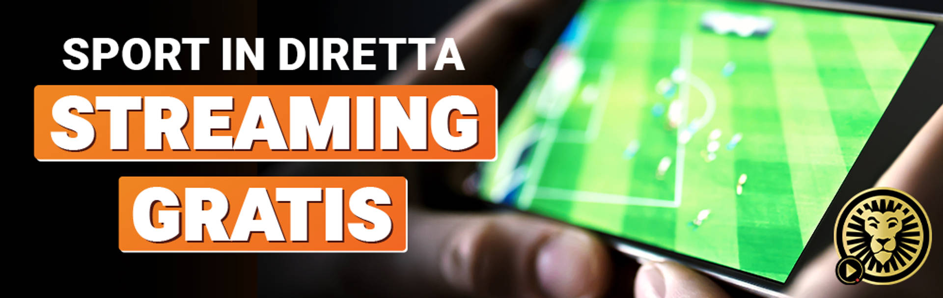 Primo piano del logo di LeoVegas con un'icona per lo streaming live. Sullo sfondo, una persona tiene in mano un dispositivo mobile su cui è visibile una partita di calcio.