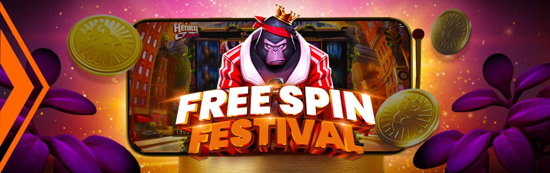 Free Spins Festival promotie met een gorilla in een rode jas en gouden munten.