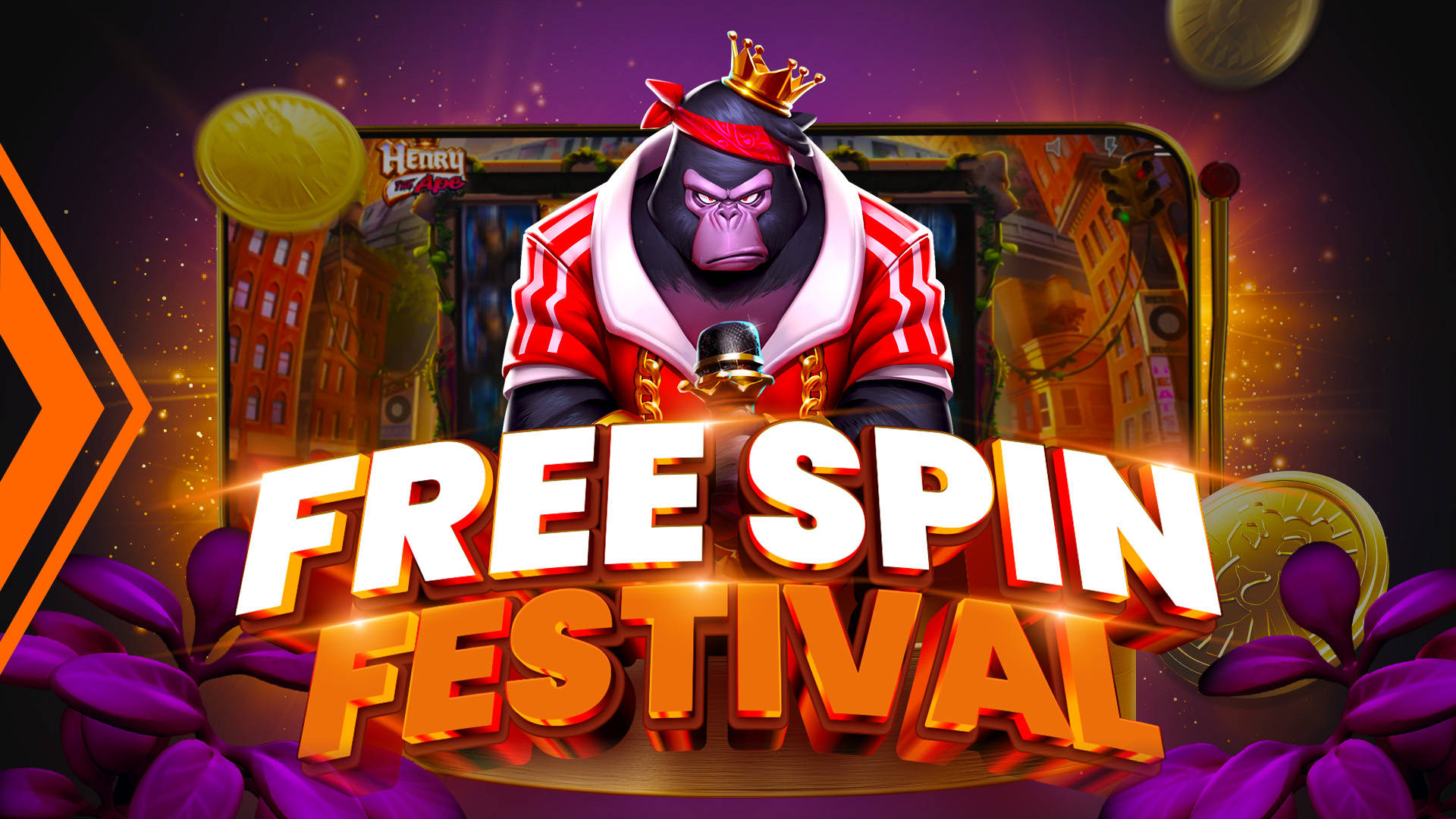 Free Spins Festival promotie met een gorilla in een rode jas en gouden munten.
