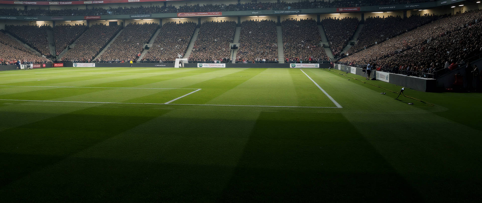 Overzicht van een voetbalstadion met een vol publiek en een groen veld.