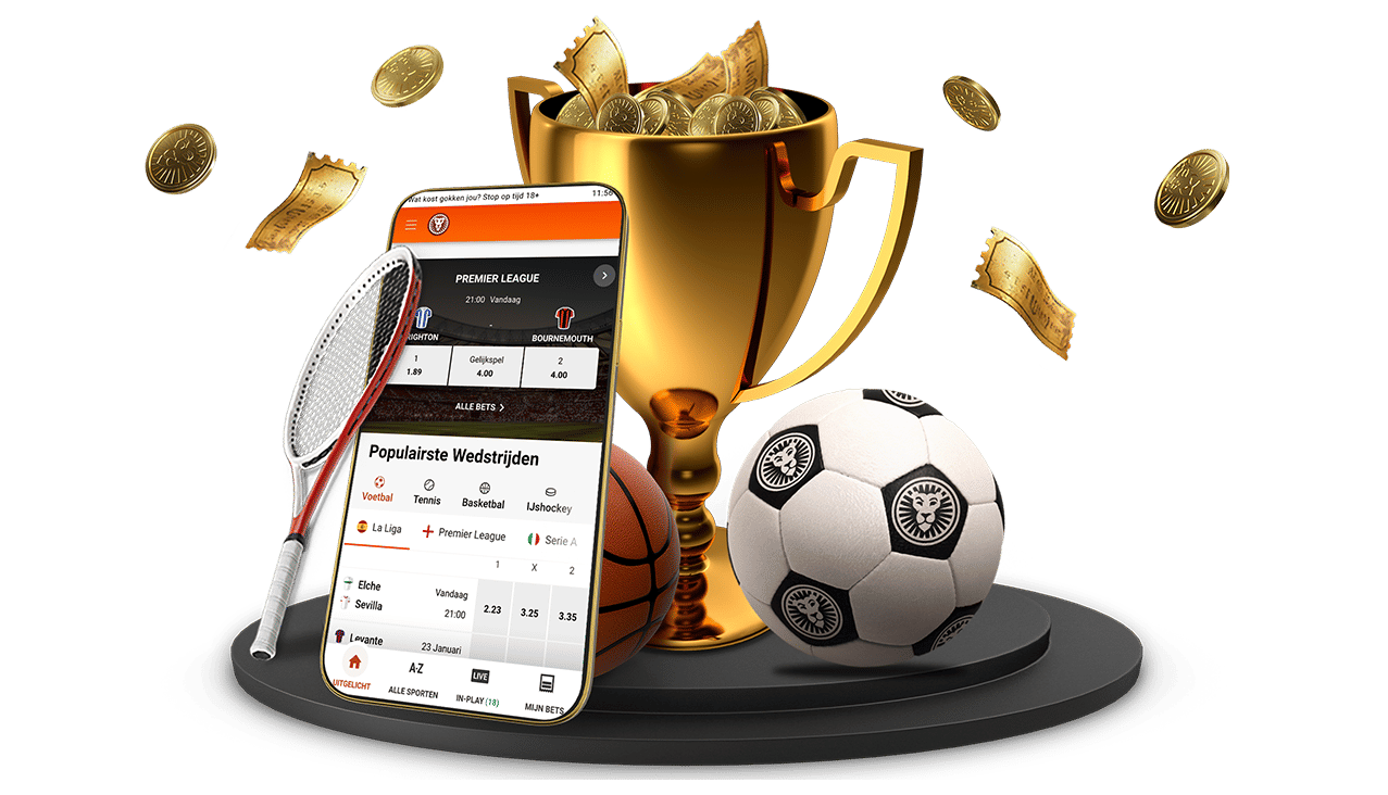 Mobiele telefoon met sportweddenschappen, trofee, sportballen en tickets.