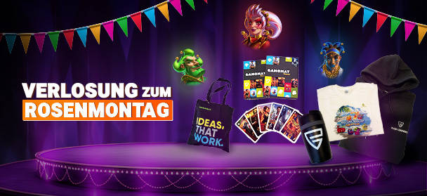 Verlosung zum Rosenmontag mit Preisen wie T-Shirts, Hoodies und Spielen auf einer Bühne.