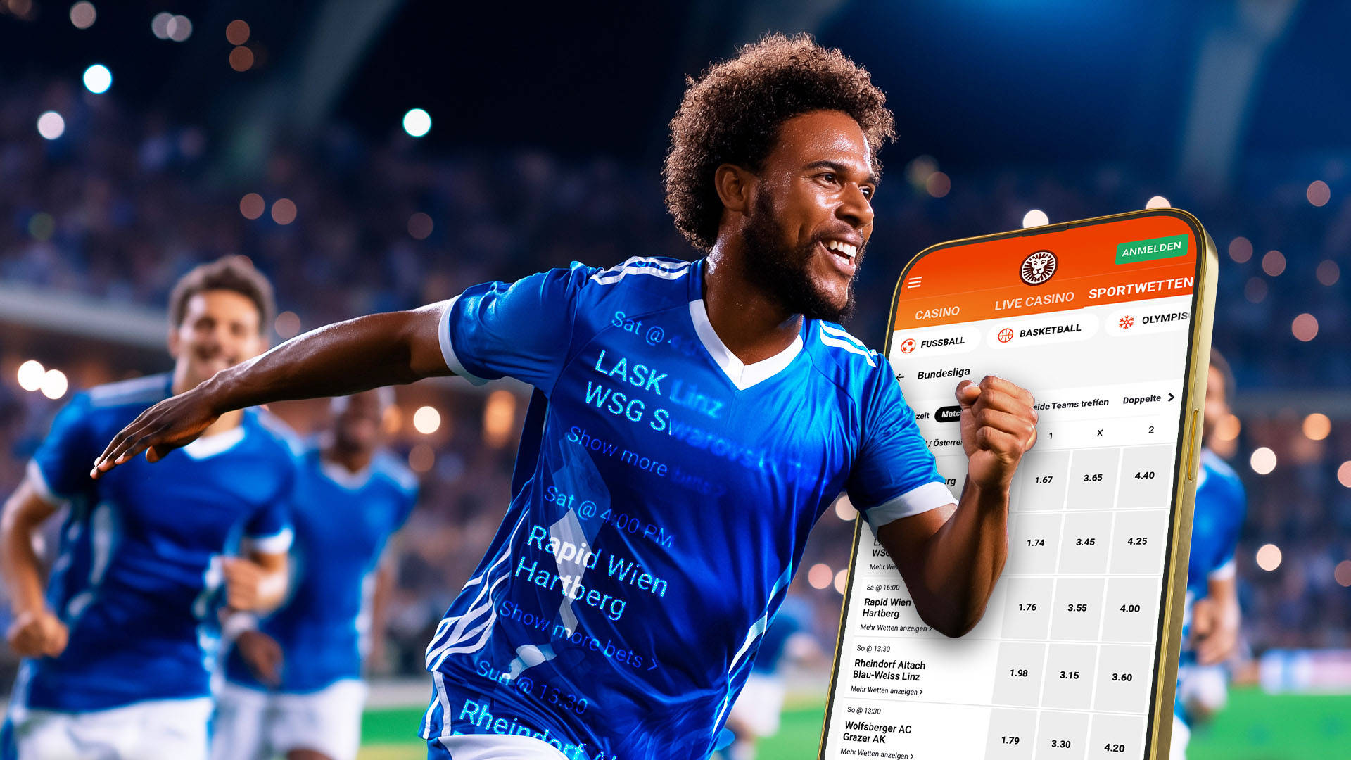 Fußballspieler jubelt; Sportwetten-App mit Bundesliga-Spielen im Vordergrund.