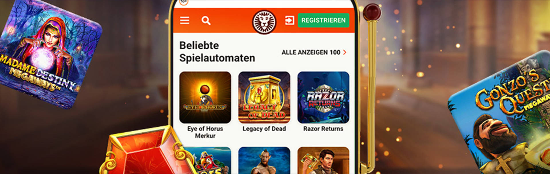 4 Einzahlungsboni + 200 Cash-Spins auf beliebte Spielautomaten auf einem Smartphone.
