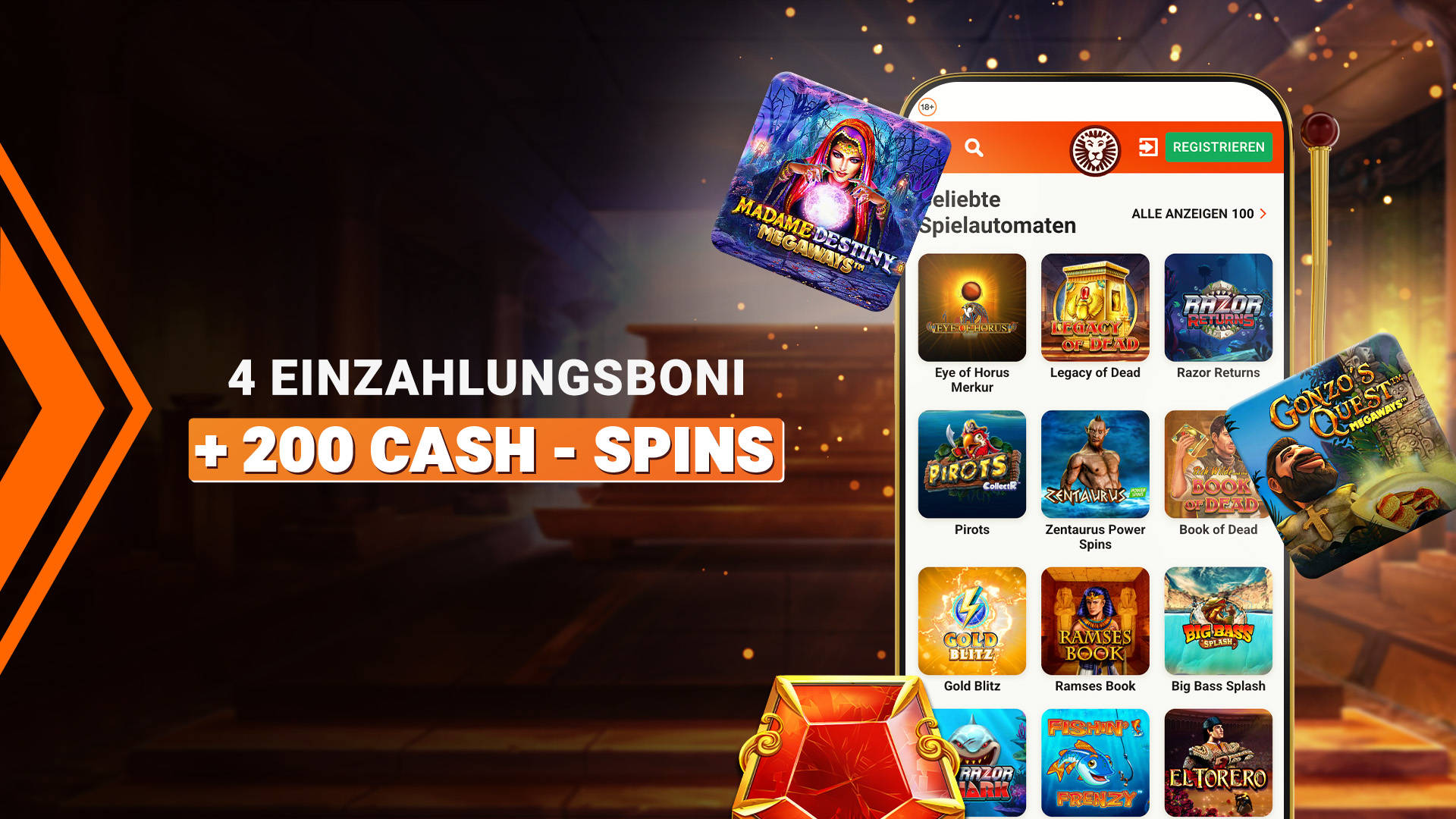 4 Einzahlungsboni + 200 Cash-Spins auf beliebte Spielautomaten auf einem Smartphone.