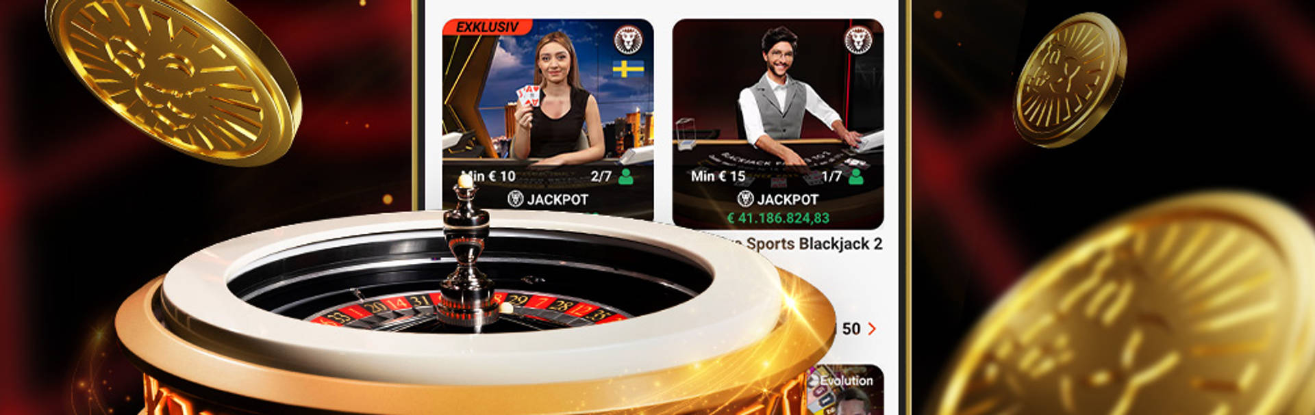 Live Casino Willkommensangebot auf Smartphone mit Casinospielen und goldenen Chips.