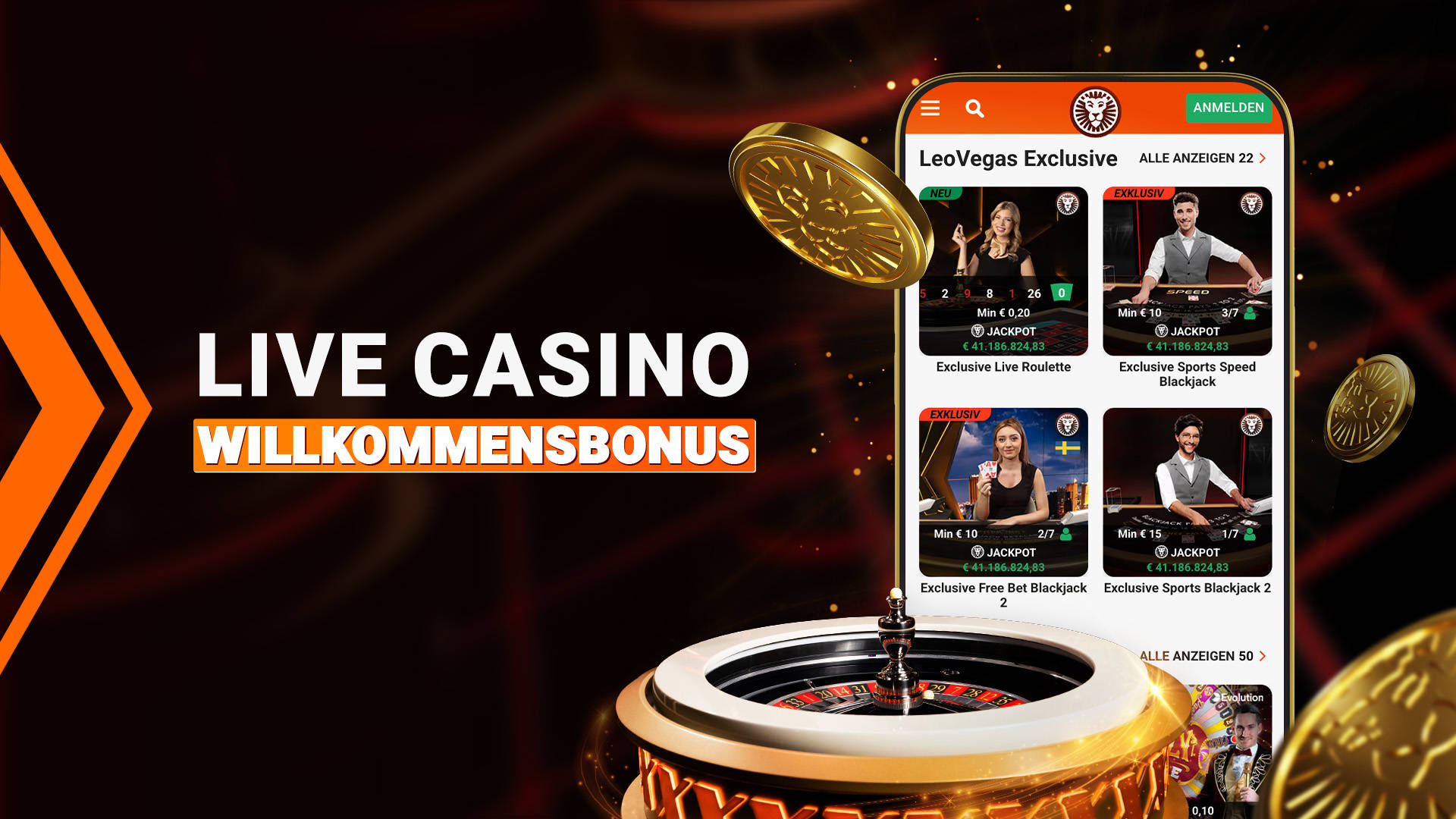 Live Casino Willkommensangebot auf Smartphone mit Casinospielen und goldenen Chips.