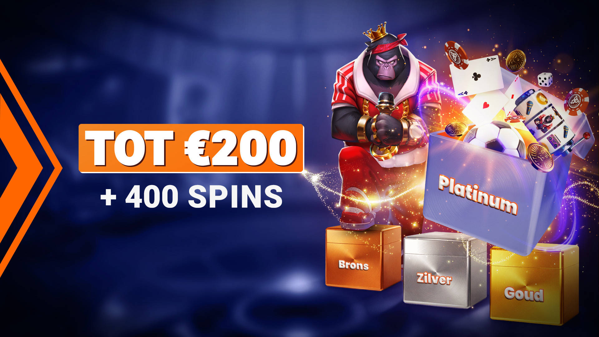 Tot €200 + Free Spins met een gorilla-personage en spelelementen.