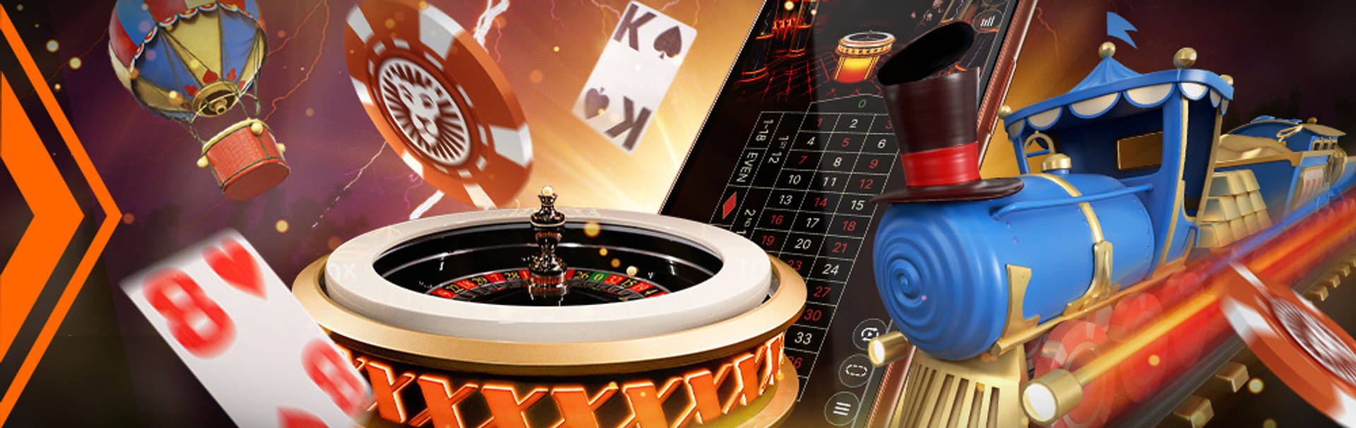 Reclame voor Reward Games met roulettewiel, speelkaarten en speelgoedtrein.