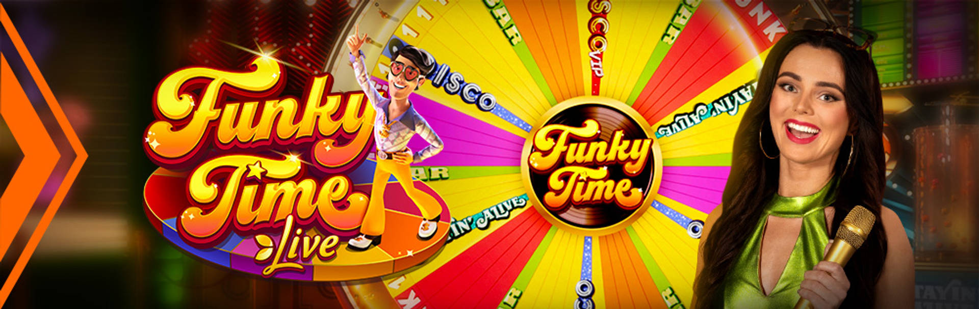 Funky Time Live game with a presenter holding a microphone.