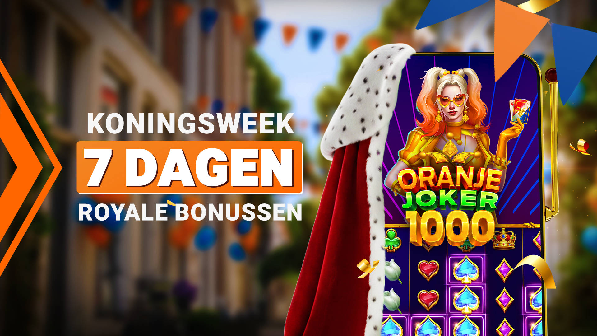 Koningsweek: 7 dagen royale bonussen met Oranje Joker 1000 gokkast op een telefoon.