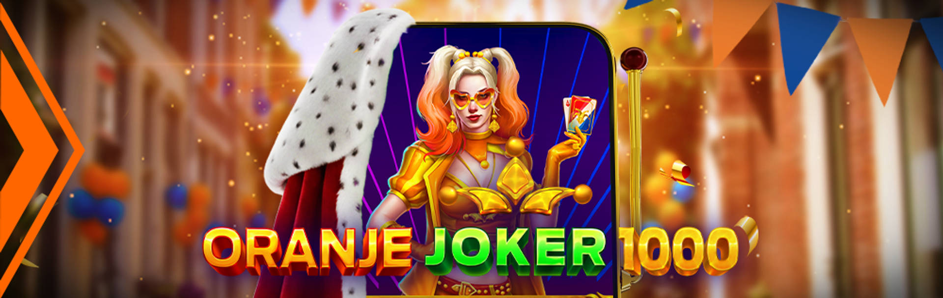 Oranje Joker 1000-spel met een vrouw in een narrenpak en een koningsmantel.
