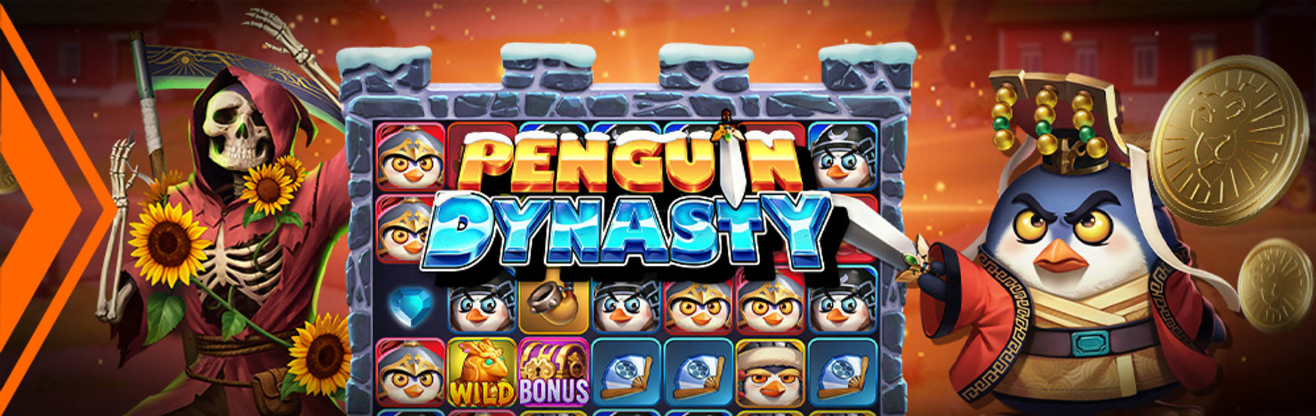 Stortingsbonus tot €50 extra voor het spel Penguin Dynasty met een skelet en een pinguïn.