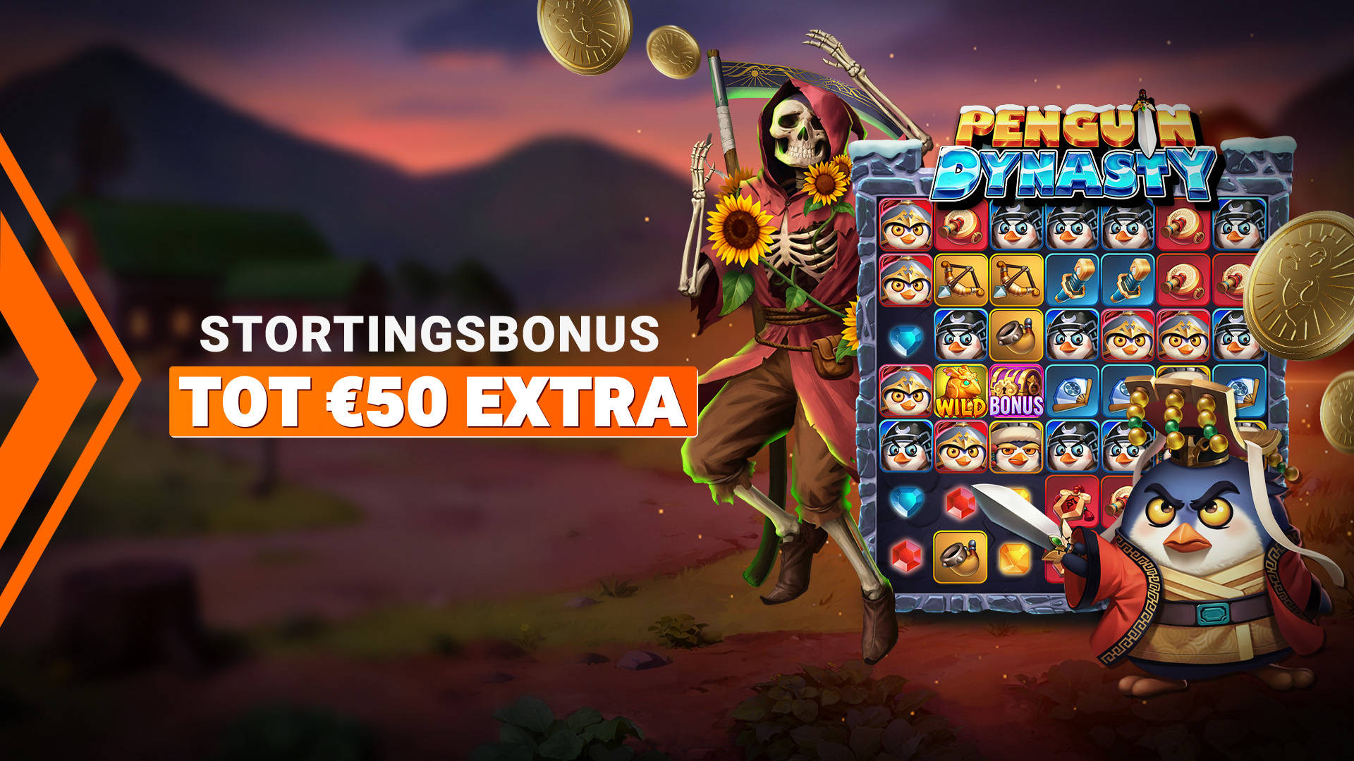 Stortingsbonus tot €50 extra voor het spel Penguin Dynasty met een skelet en een pinguïn.