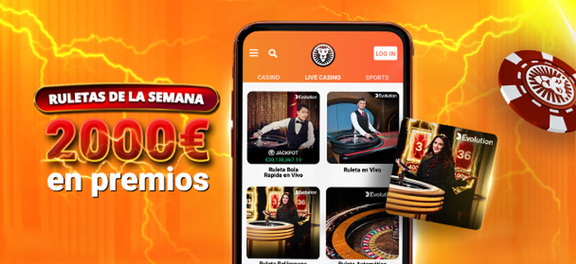 Ruletas de la Semana: 2.000€ en premios en la app de casino con ruleta en vivo y Ruleta Relámpago en Vivo.