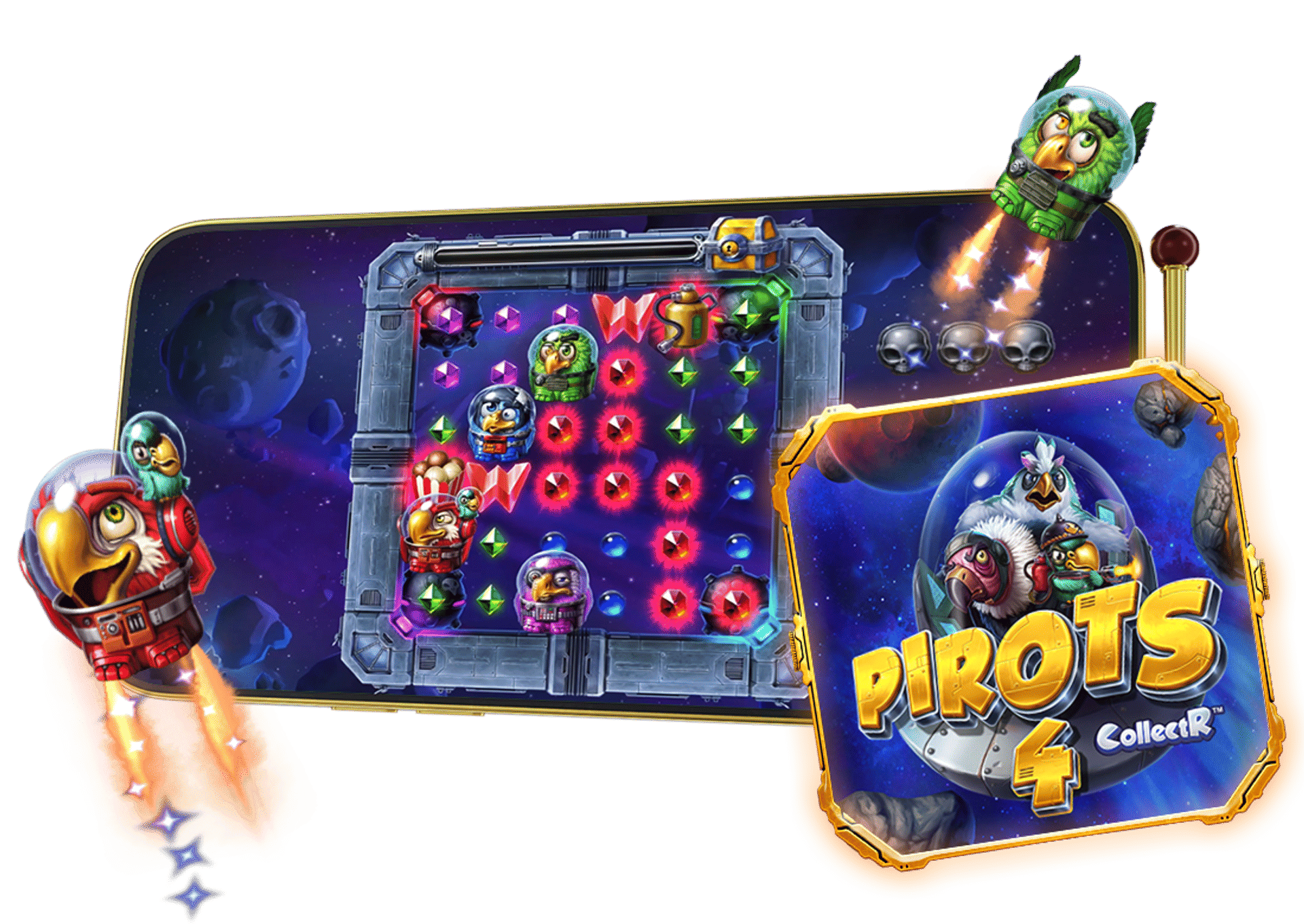 Pirots CollectR 4 spilskærmbillede med fugle i rumdragter og et match-3-spil.