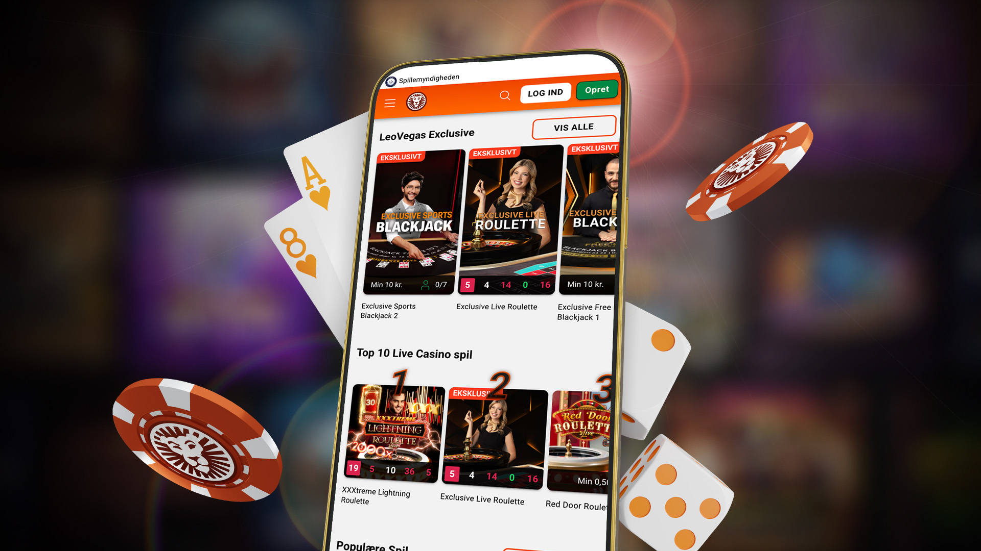 Skærmbillede af LeoVegas Casino med Live Casino spil, herunder Exclusive Live Roulette.