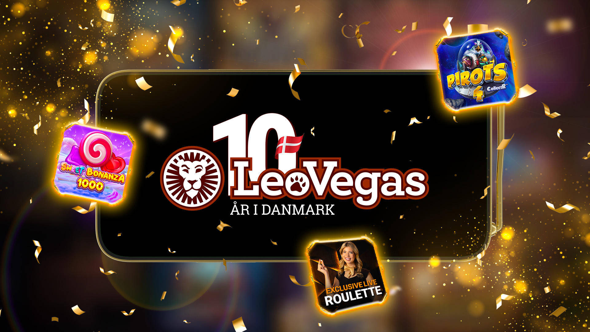 LeoVegas 10 år i Danmark med spilikoner og Exclusive Live Roulette.
