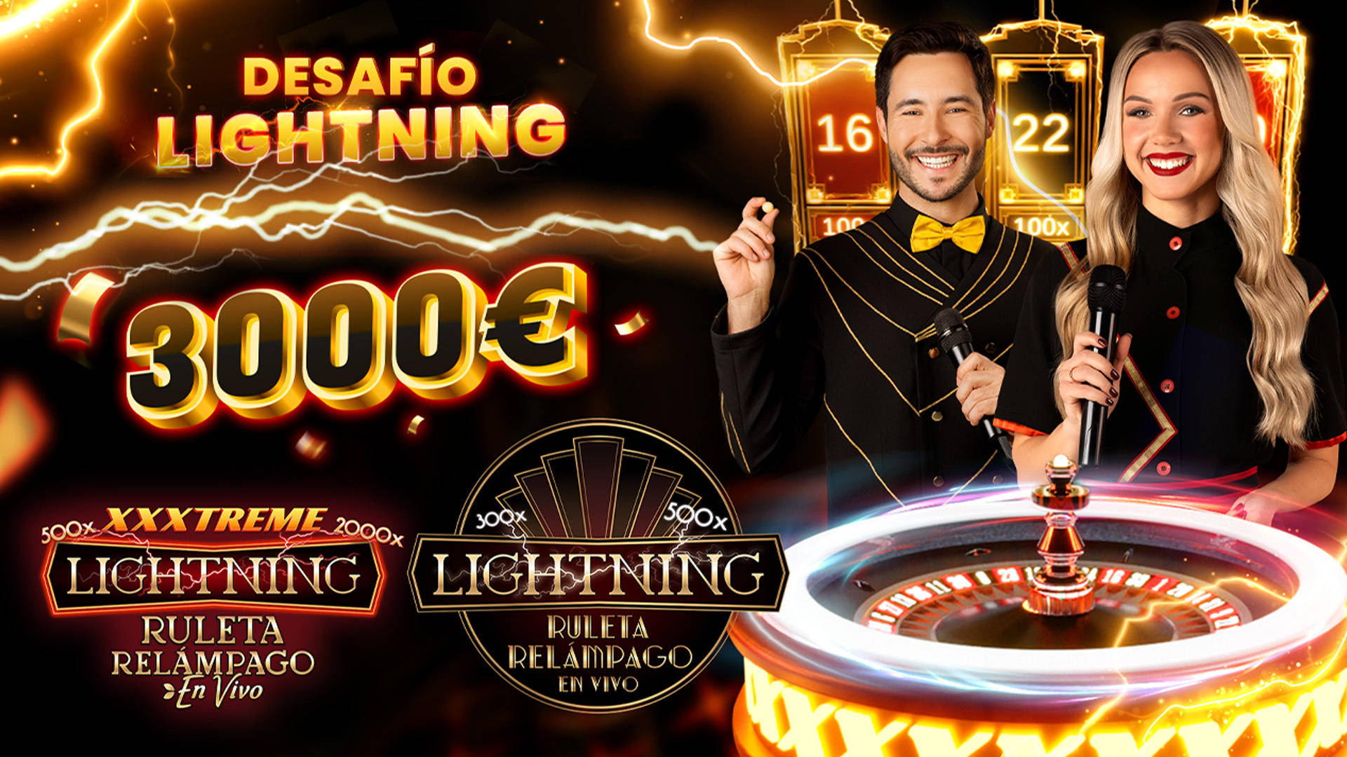 Promoción de Ruleta Relámpago en Vivo con presentadores y premio de 3000€.